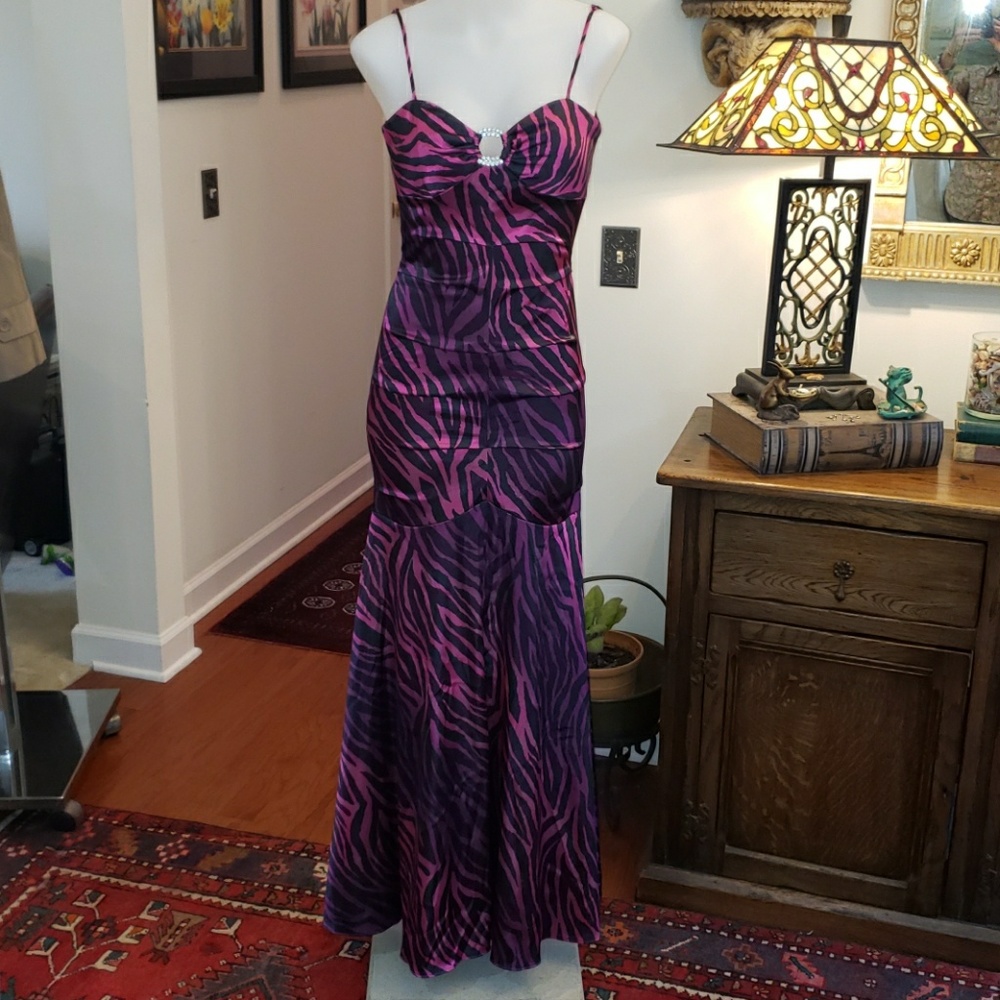 Purple & Pink Zebra-Print Spaghetti Strap Mermaid/Trumpet Gown